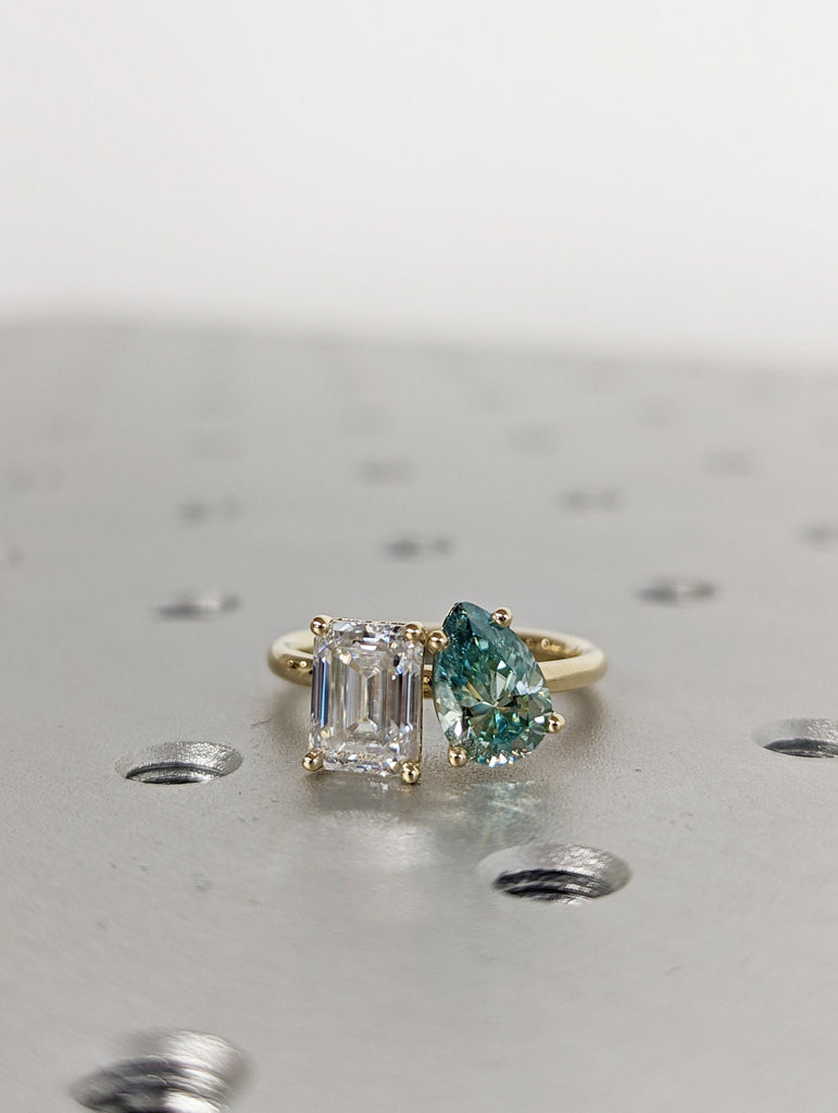 Pear And Emerald Cut Toi Et Moi Moissanite Ring / Green Pear Moissanite Engagement Ring / Yellow Gold Anniversary Ring / Two Stone Ring