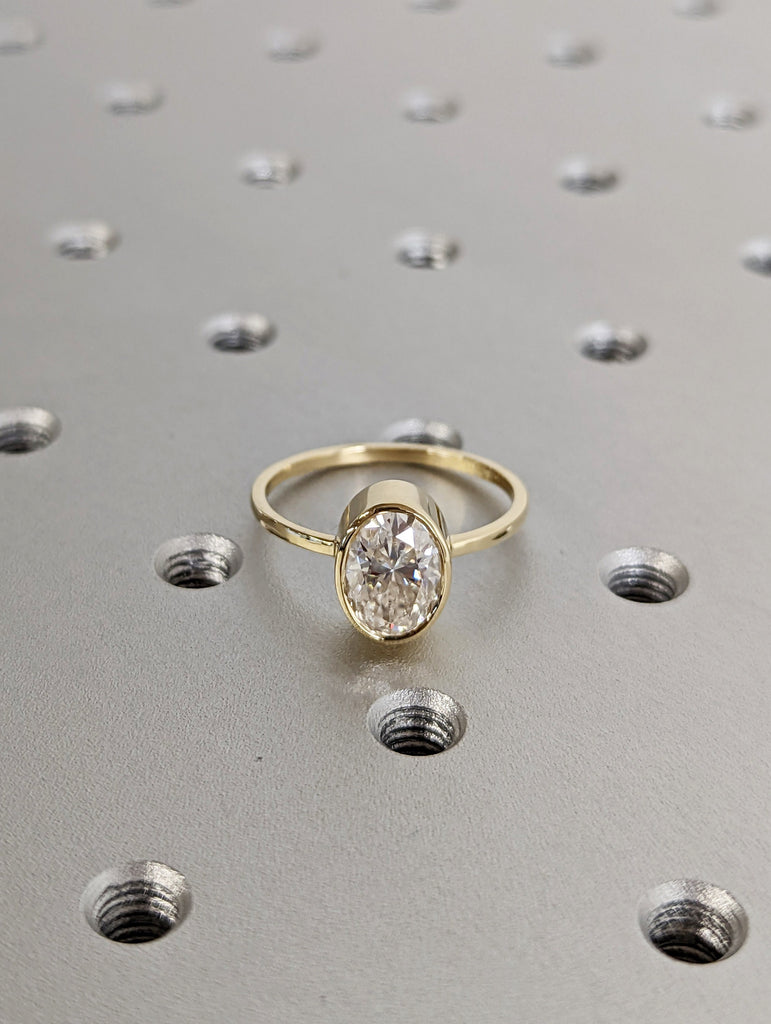 Oval Moissanite Bezel Set Ring | 2 CT Oval Colorless Moissanite Engagement Ring | Wedding Ring