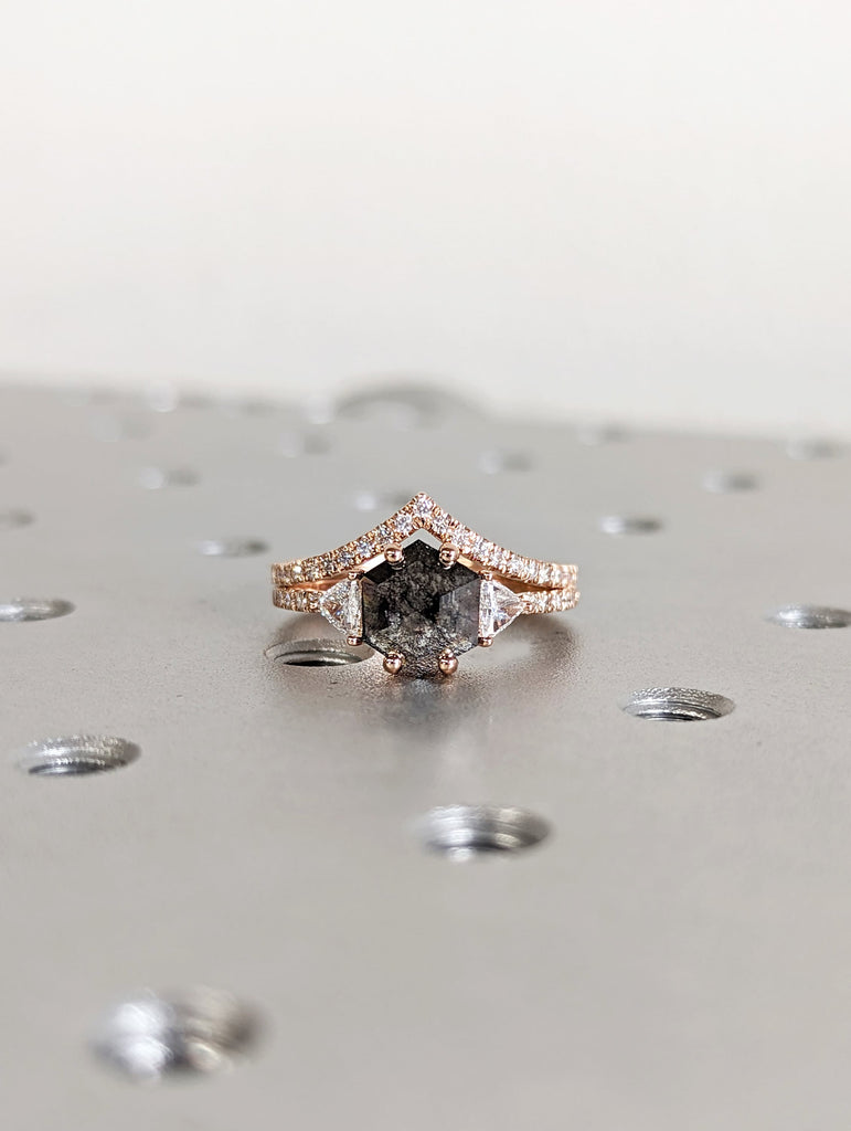 Raw Diamond Hexagon Triangle Diamond, Salt and Pepper, Unique Bridal Engagement Set, Rose Cut Geometric Diamond Ring, Custom Handmade