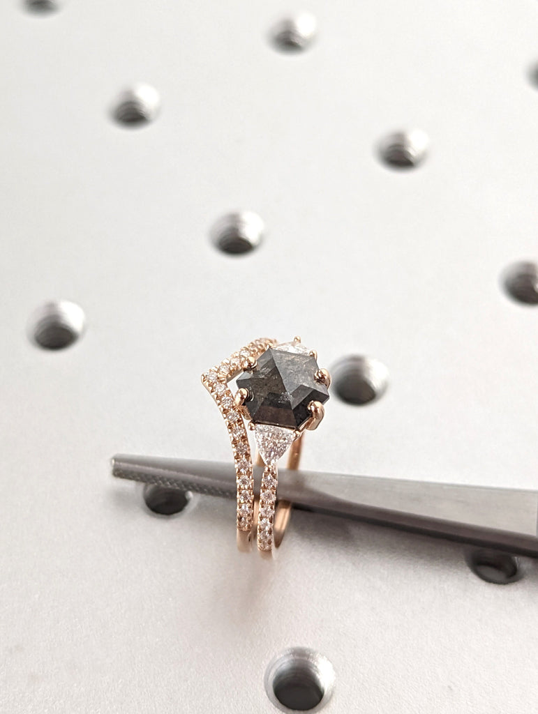 Raw Diamond Hexagon Triangle Diamond, Salt and Pepper, Unique Bridal Engagement Set, Rose Cut Geometric Diamond Ring, Custom Handmade