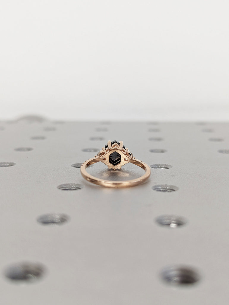 Raw Diamond Hexagon Half Moon Diamond, Salt and Pepper, Unique Engagement Ring, Rose Cut Geometric Diamond Ring, 14k Gold, Custom Handmade