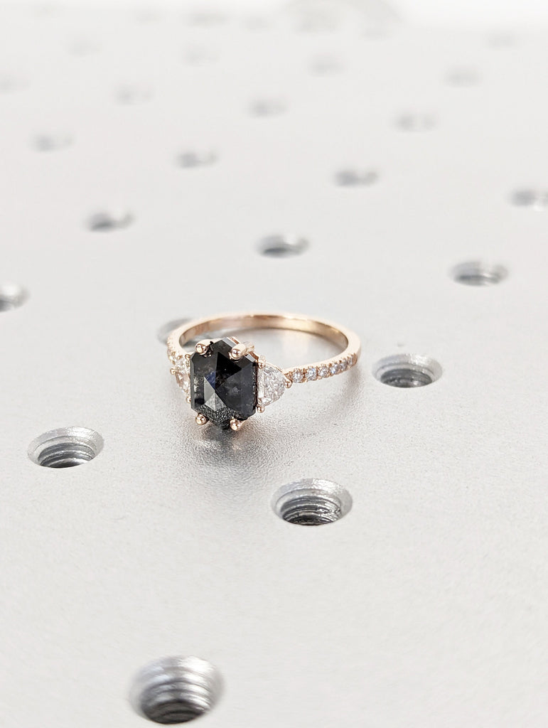 Raw Diamond Hexagon Half Moon Diamond, Salt and Pepper, Unique Engagement Ring, Rose Cut Geometric Diamond Ring, 14k Gold, Custom Handmade