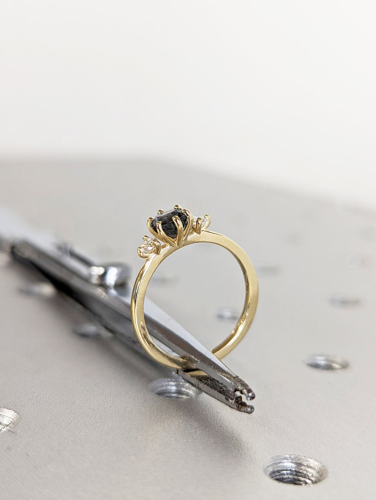 Salt and pepper engagement ring round cut vintage engagement ring prong set ring diamond ring three stone anniversary ring 14k yellow gold