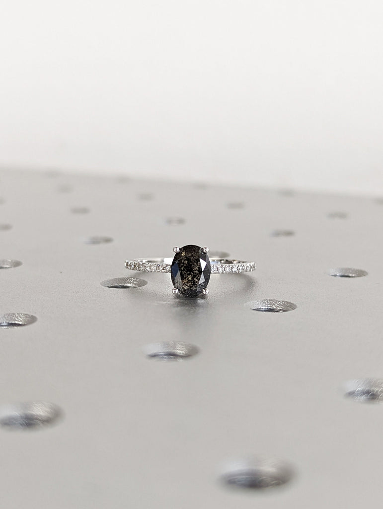 1920's Raw Salt and Pepper Diamond, Oval Diamond Ring, Unique Engagement Bridal Set, Black, Gray Oval, 14k Yellow, Rose, or White Gold