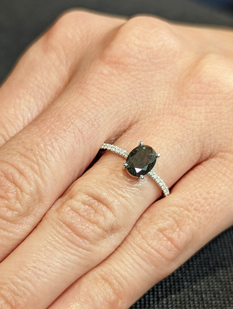 1920's Raw Salt and Pepper Diamond, Oval Diamond Ring, Unique Engagement Bridal Set, Black, Gray Oval, 14k Yellow, Rose, or White Gold