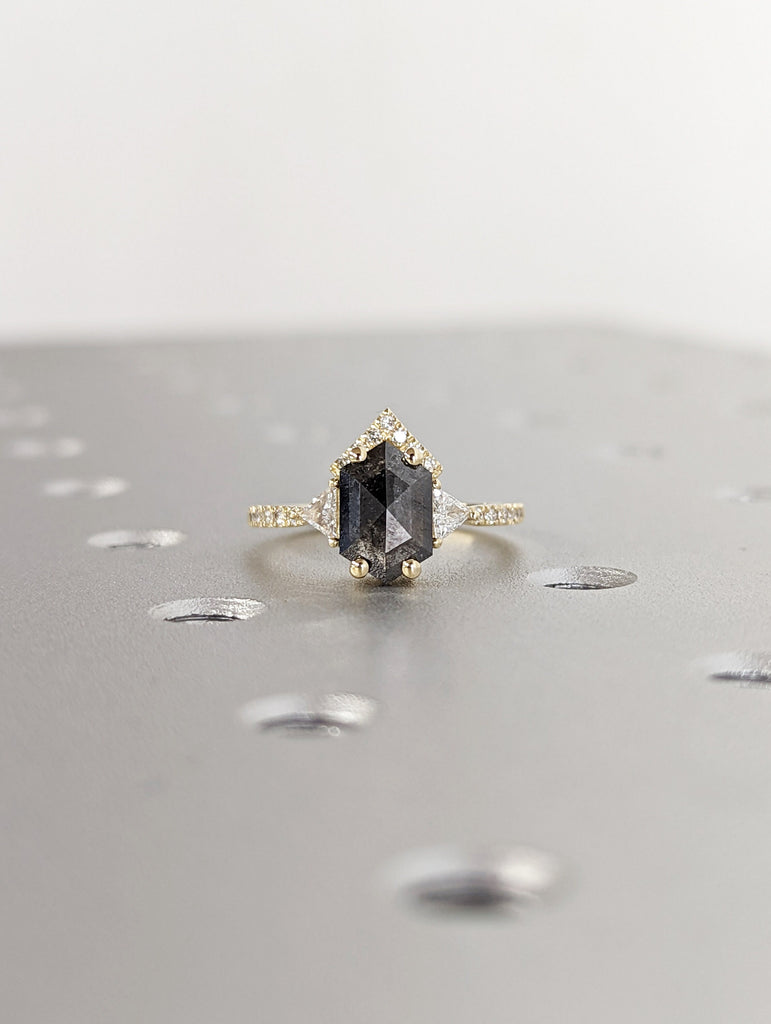 Raw Diamond Hexagon Triangle Diamond, Salt and Pepper, Unique Engagement Ring, Rose Cut Geometric Diamond Ring, 14k Gold, Custom Handmade