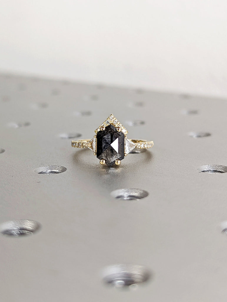 Raw Diamond Hexagon Triangle Diamond, Salt and Pepper, Unique Engagement Ring, Rose Cut Geometric Diamond Ring, 14k Gold, Custom Handmade