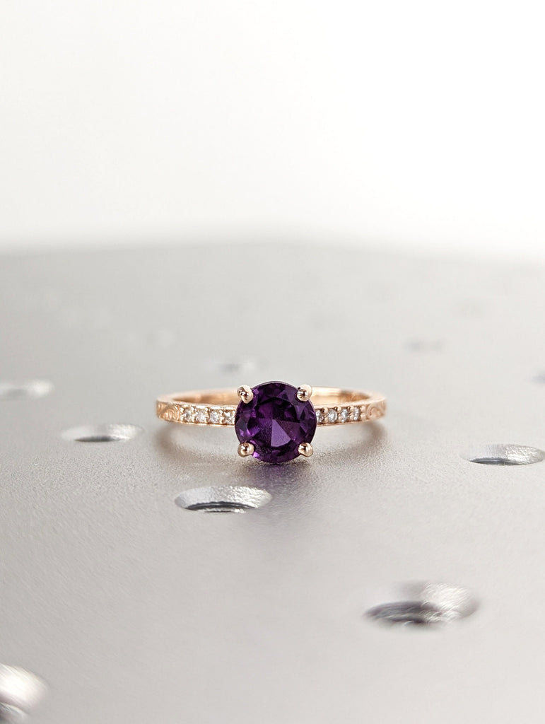 Vintage Lab Alexandrite ring rose gold ring Round cut wedding ring art deco diamond ring wedding unique Anniversary ring bridal ring