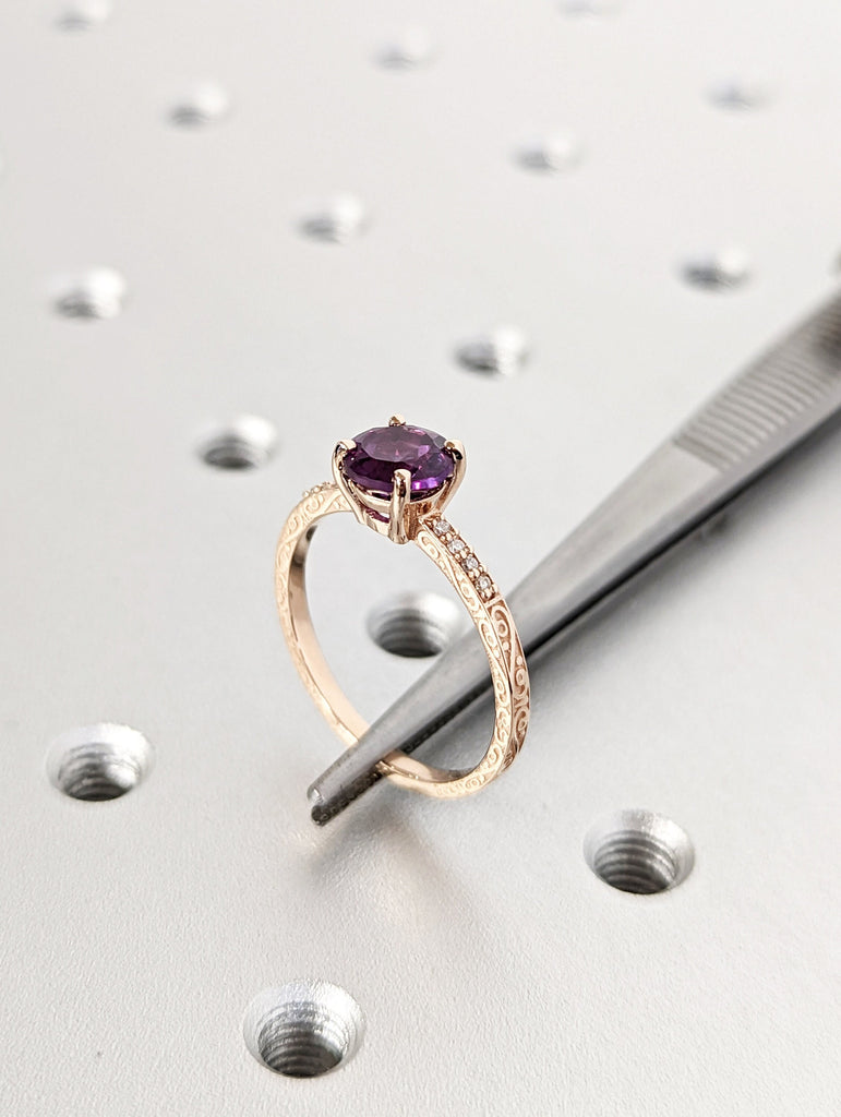 Vintage Lab Alexandrite ring rose gold ring Round cut wedding ring art deco diamond ring wedding unique Anniversary ring bridal ring