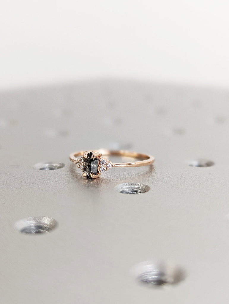 Vintage salt and pepper diamond engagement ring rose gold engagement ring diamond cluster ring wedding Bridal Anniversary Hexagon Cut