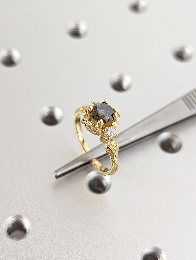 Salt & Pepper Diamond Engagement Ring, Black Diamond Ring, Yellow Gold Ring, Rose Gold Diamond Engagement ring, Black Gold Engagement Ring
