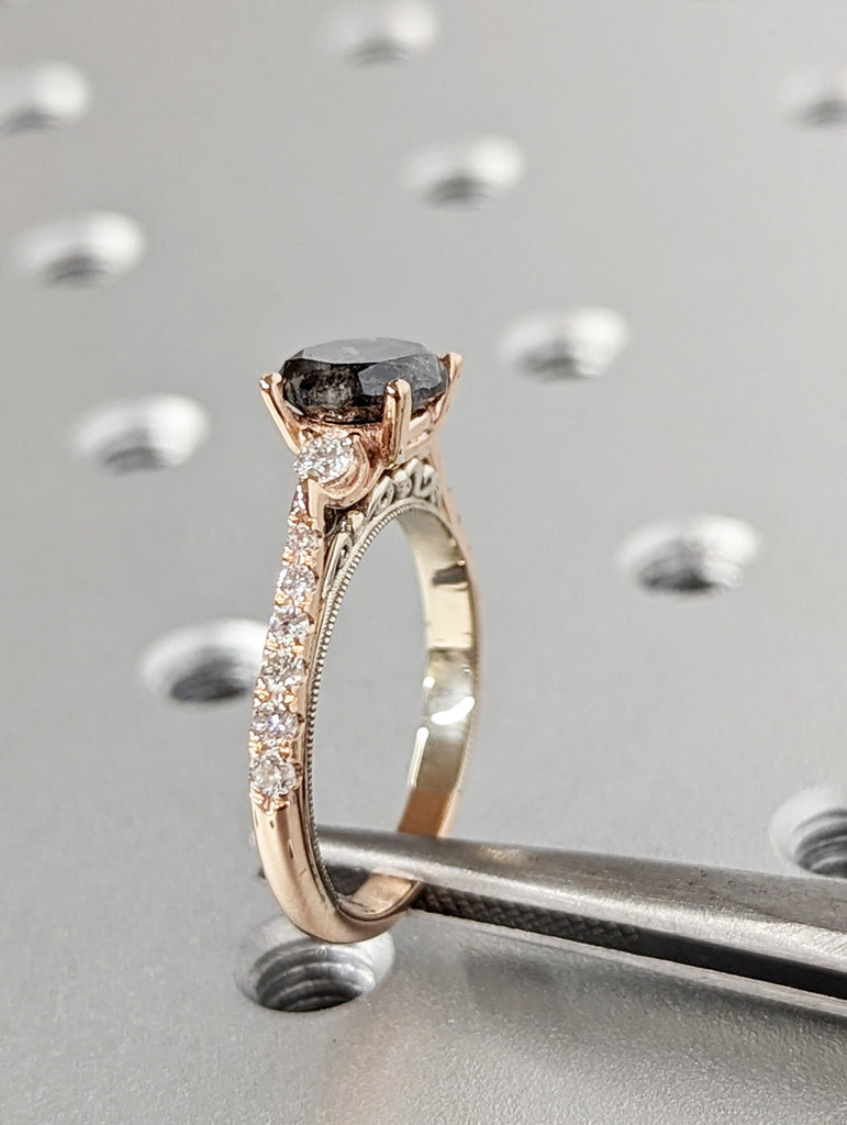 Salt and pepper engagement ring round cut vintage engagement ring prong set ring diamond ring two tone anniversary ring rose & white gold