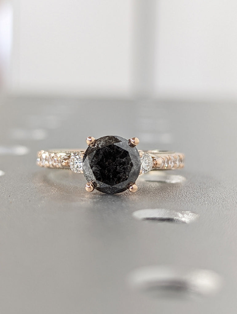 Salt and pepper engagement ring round cut vintage engagement ring prong set ring diamond ring two tone anniversary ring rose & white gold