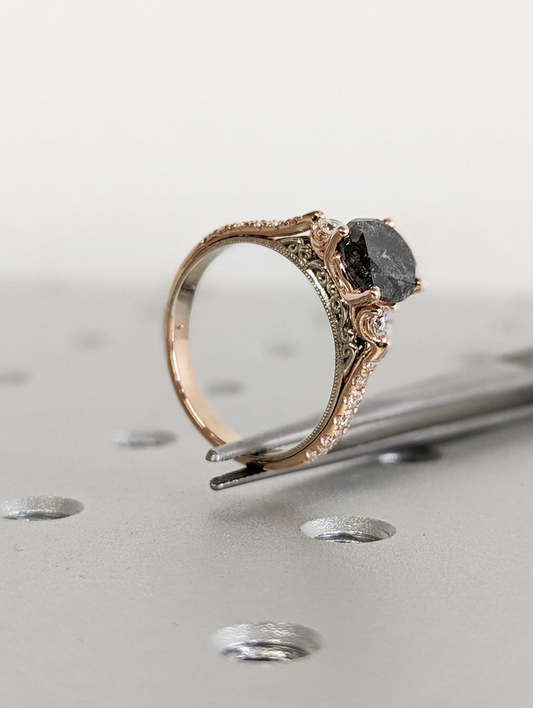 Salt and pepper engagement ring round cut vintage engagement ring prong set ring diamond ring two tone anniversary ring rose & white gold