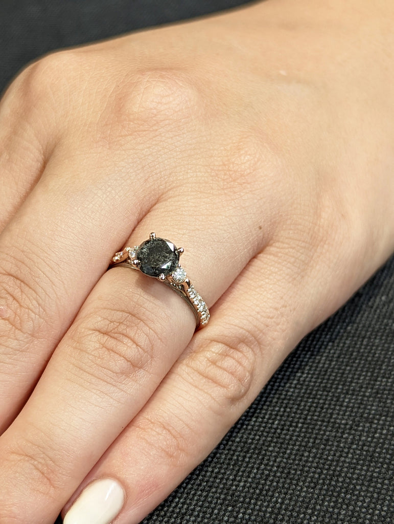 Salt and pepper engagement ring round cut vintage engagement ring prong set ring diamond ring two tone anniversary ring rose & white gold
