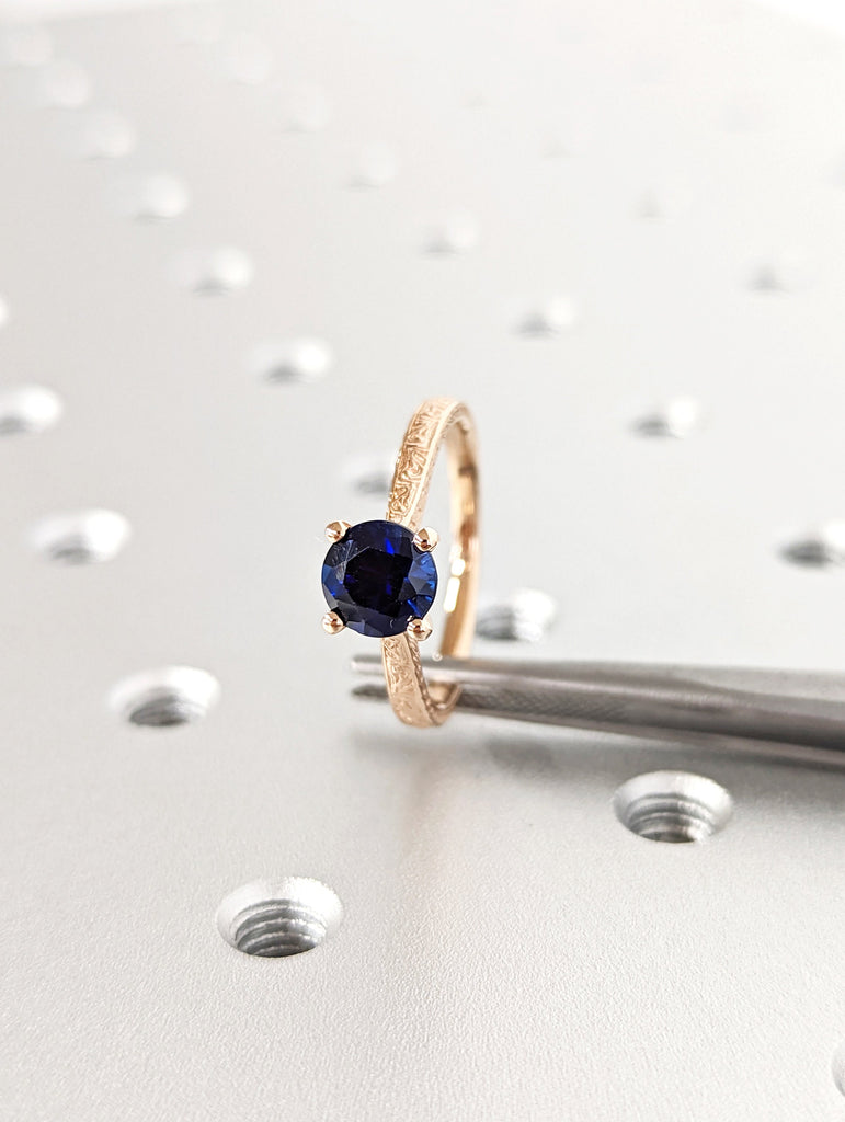 Blue Sapphire Engagement Ring, Sapphire wedding ring, Vintage Inspired Sapphire Ring, Round Shaped Blue Stone, September Birthstone