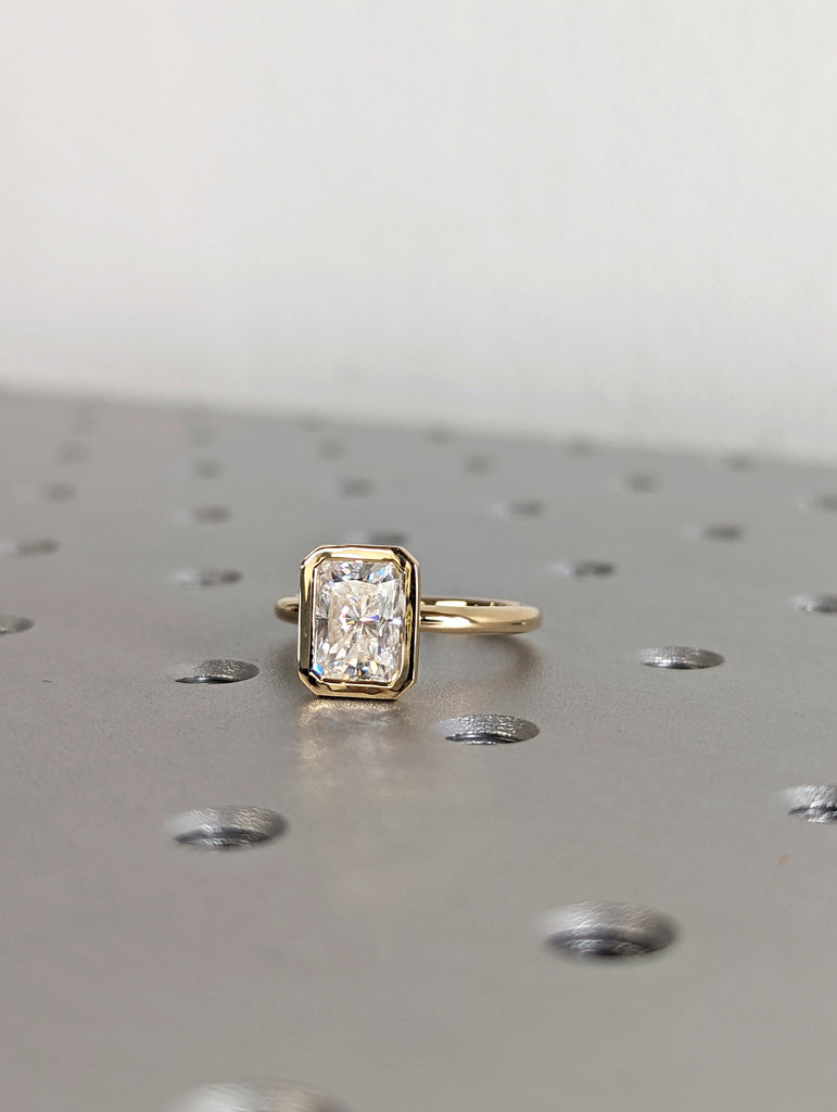 2CT Radiant Cut Moissanite Solitaire Ring, 14K Yellow Gold Engagement Ring, Bezel Setting, Statement Ring, Gift For Her, Anniversary Ring