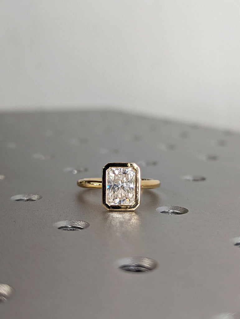 2CT Radiant Cut Moissanite Solitaire Ring, 14K Yellow Gold Engagement Ring, Bezel Setting, Statement Ring, Gift For Her, Anniversary Ring