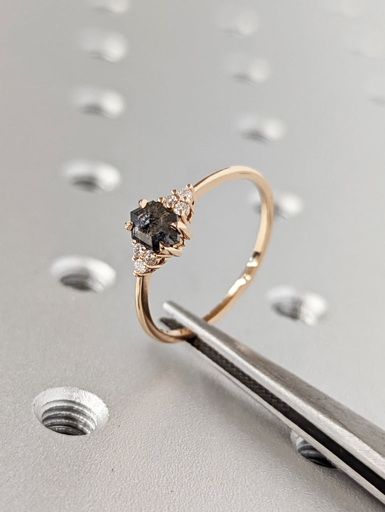 Vintage salt and pepper diamond engagement ring rose gold engagement ring diamond cluster ring wedding Bridal Anniversary Hexagon Cut