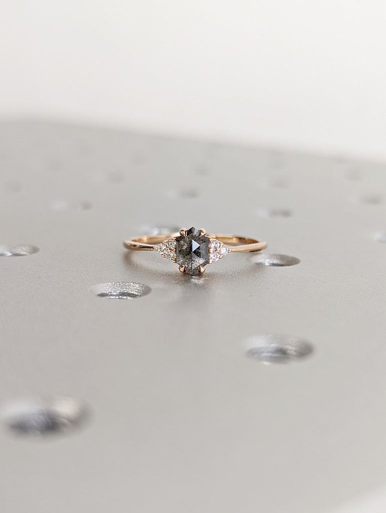 Vintage salt and pepper diamond engagement ring rose gold engagement ring diamond cluster ring wedding Bridal Anniversary Hexagon Cut