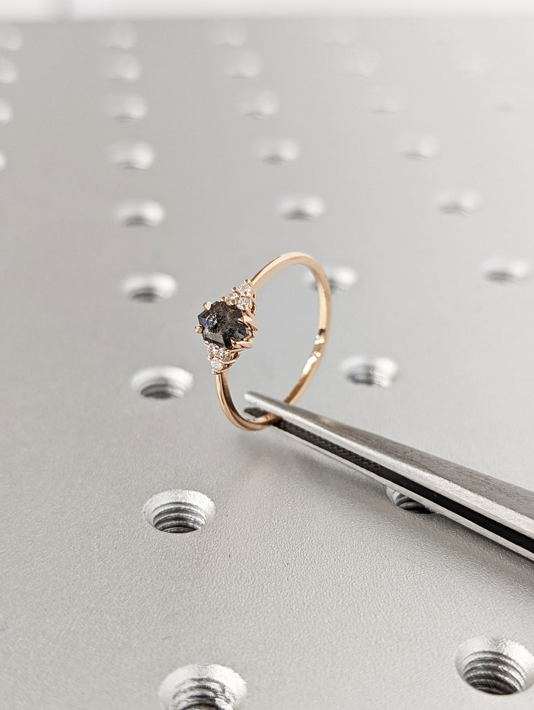 Vintage salt and pepper diamond engagement ring rose gold engagement ring diamond cluster ring wedding Bridal Anniversary Hexagon Cut