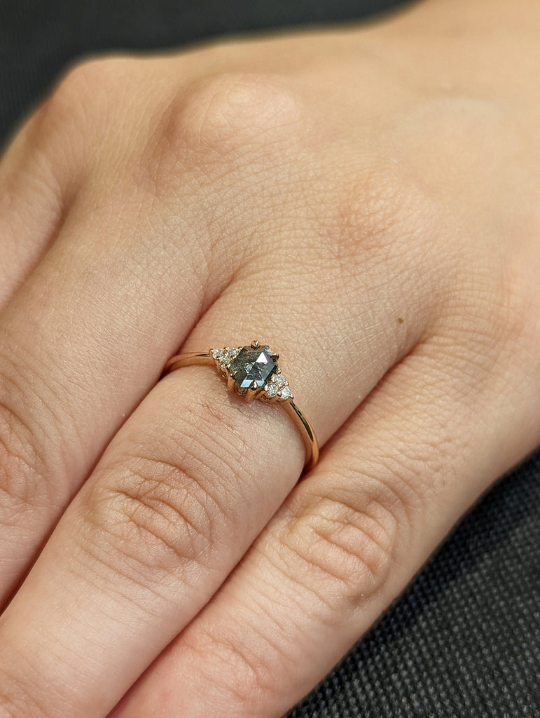 Vintage salt and pepper diamond engagement ring rose gold engagement ring diamond cluster ring wedding Bridal Anniversary Hexagon Cut