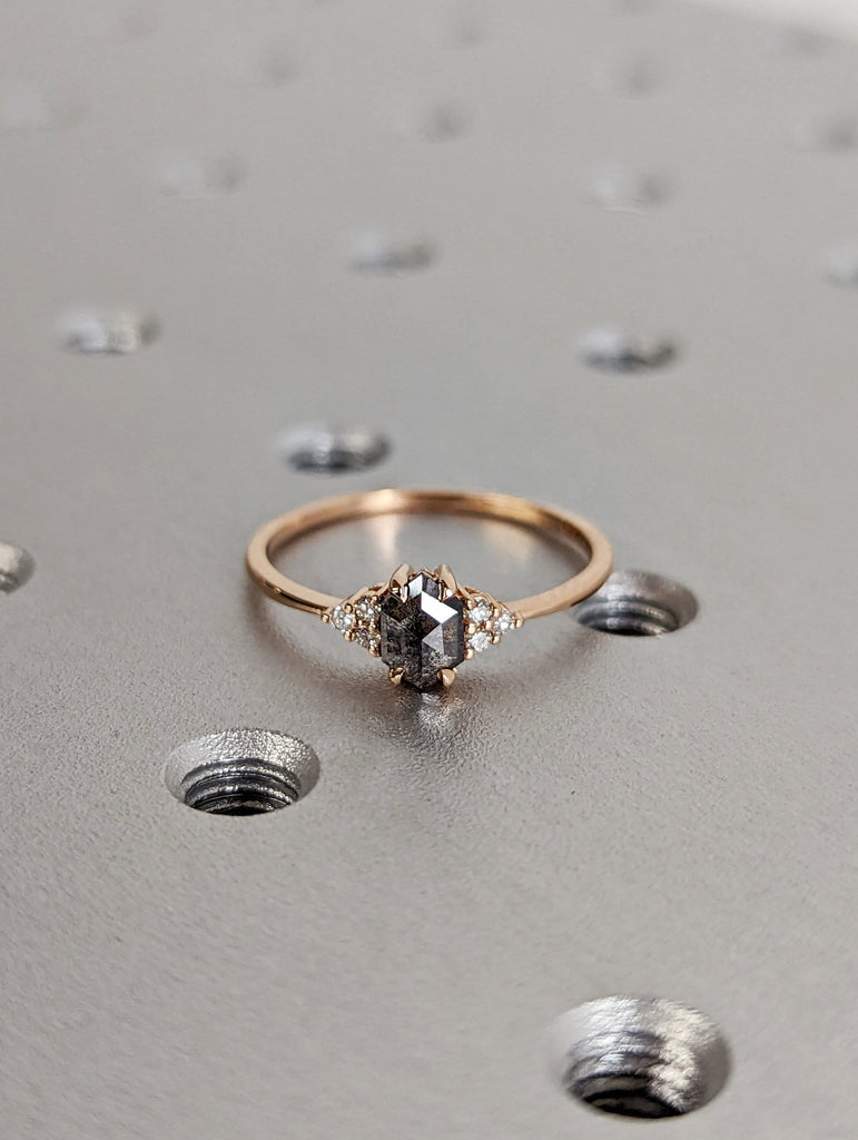 Vintage salt and pepper diamond engagement ring rose gold engagement ring diamond cluster ring wedding Bridal Anniversary Hexagon Cut