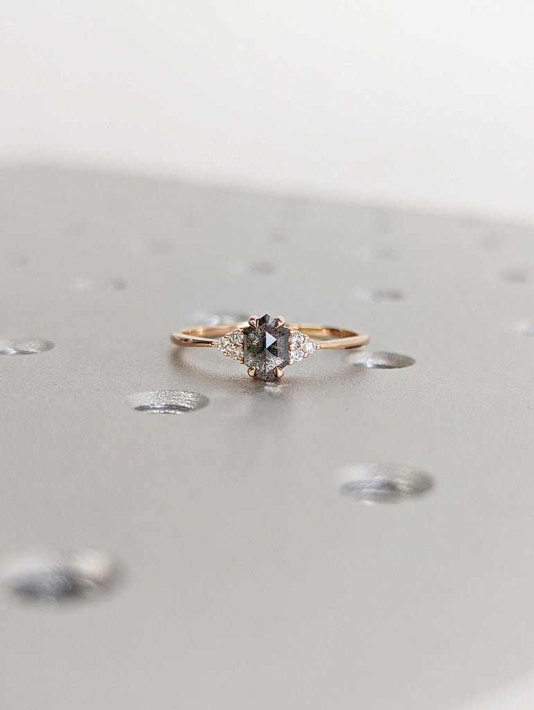 Vintage salt and pepper diamond engagement ring rose gold engagement ring diamond cluster ring wedding Bridal Anniversary Hexagon Cut
