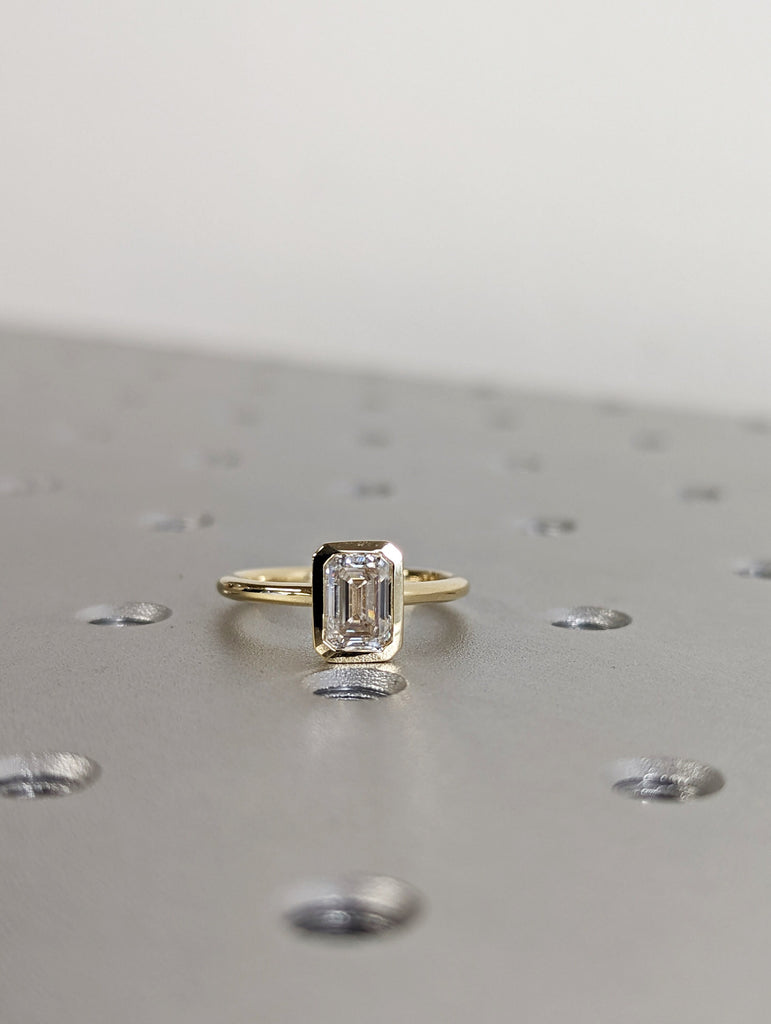 1CT Emerald Cut Moissanite Solitaire Ring, 14K Yellow Gold Engagement Ring, Bezel Setting, Statement Ring, Gift For Her, Bridal Set