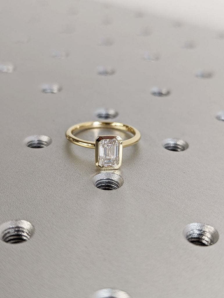 1CT Emerald Cut Moissanite Solitaire Ring, 14K Yellow Gold Engagement Ring, Bezel Setting, Statement Ring, Gift For Her, Bridal Set