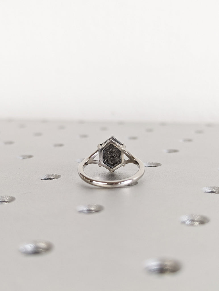 Galaxy Raw Diamond Hexagon Statement Diamond, Salt and Pepper, Unique Bridal Engagement, Rose Cut Geometric Diamond Ring, 14k white gold