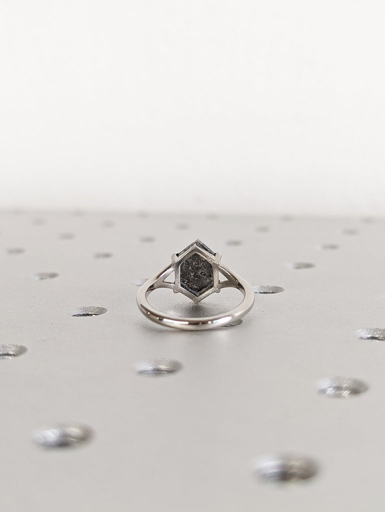 Raw Diamond, Salt and Pepper, Hexagon, Unique Engagement Ring, Rose Cut Geometric Diamond Ring, 14k Gold, Custom Handmade