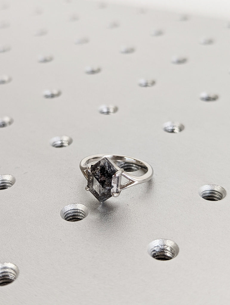 Galaxy Raw Diamond Hexagon Statement Diamond, Salt and Pepper, Unique Bridal Engagement, Rose Cut Geometric Diamond Ring, 14k white gold