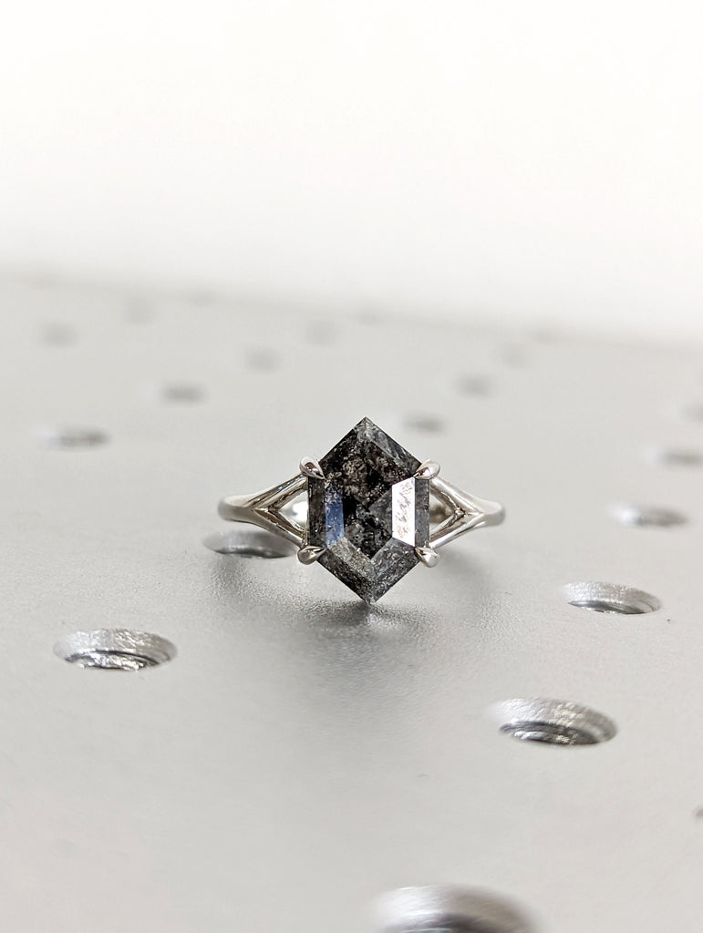 Galaxy Raw Diamond Hexagon Statement Diamond, Salt and Pepper, Unique Bridal Engagement, Rose Cut Geometric Diamond Ring, 14k white gold
