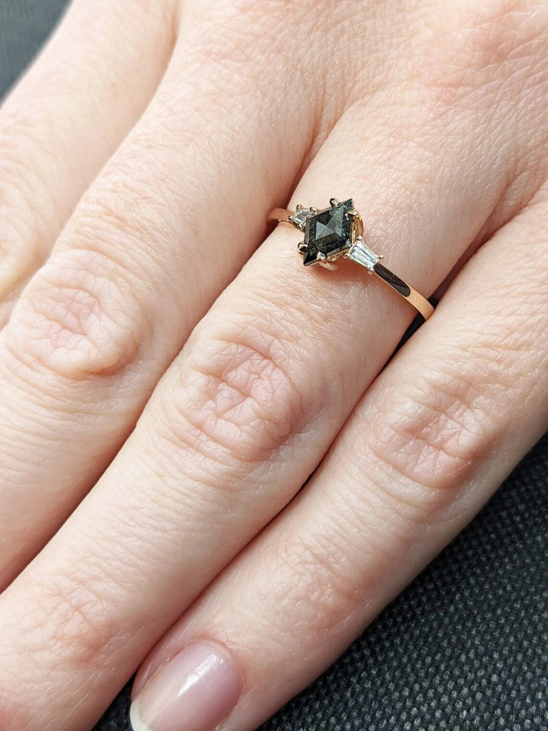 Vintage Salt and pepper diamond engagement ring rose gold Unique Kite Shaped ring Baguette diamond bridal ring Anniversary ring