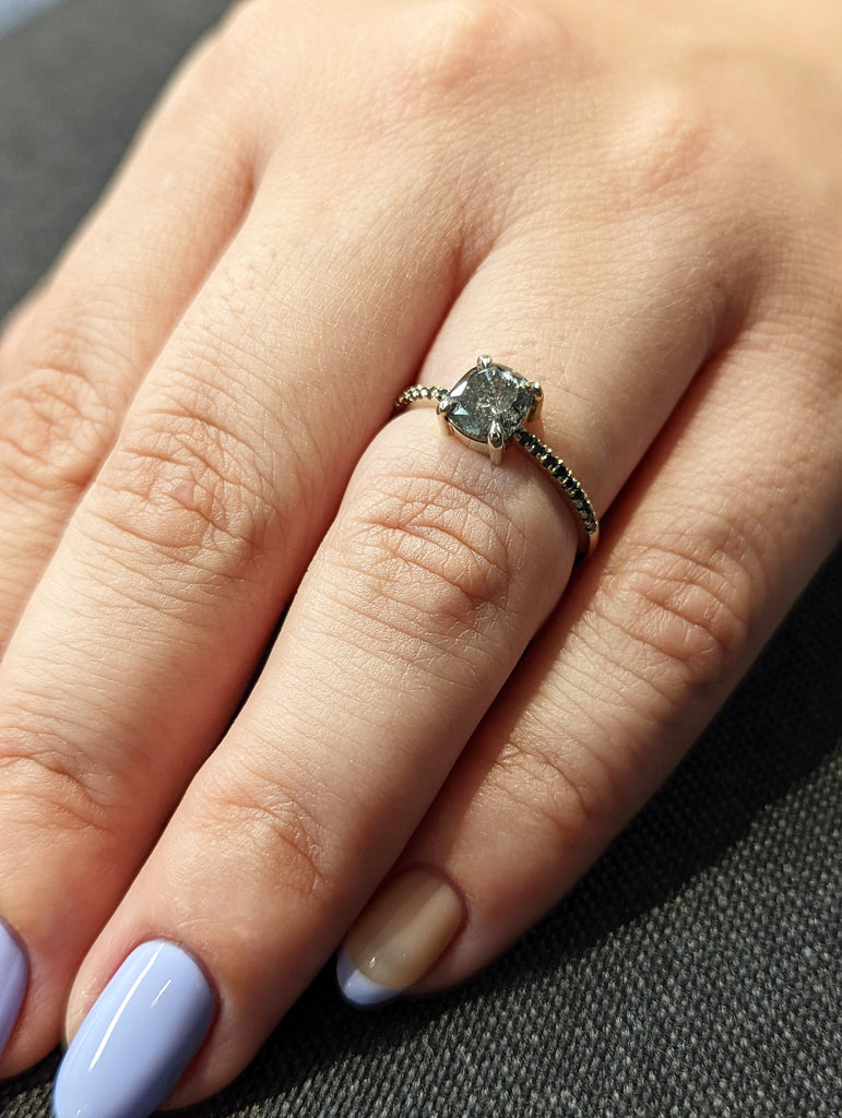 Vintage Salt and Pepper Diamond Engagement Ring White Gold Antique Cushion cut ring Bridal Diamond Art deco Wedding Ring Anniversary ring