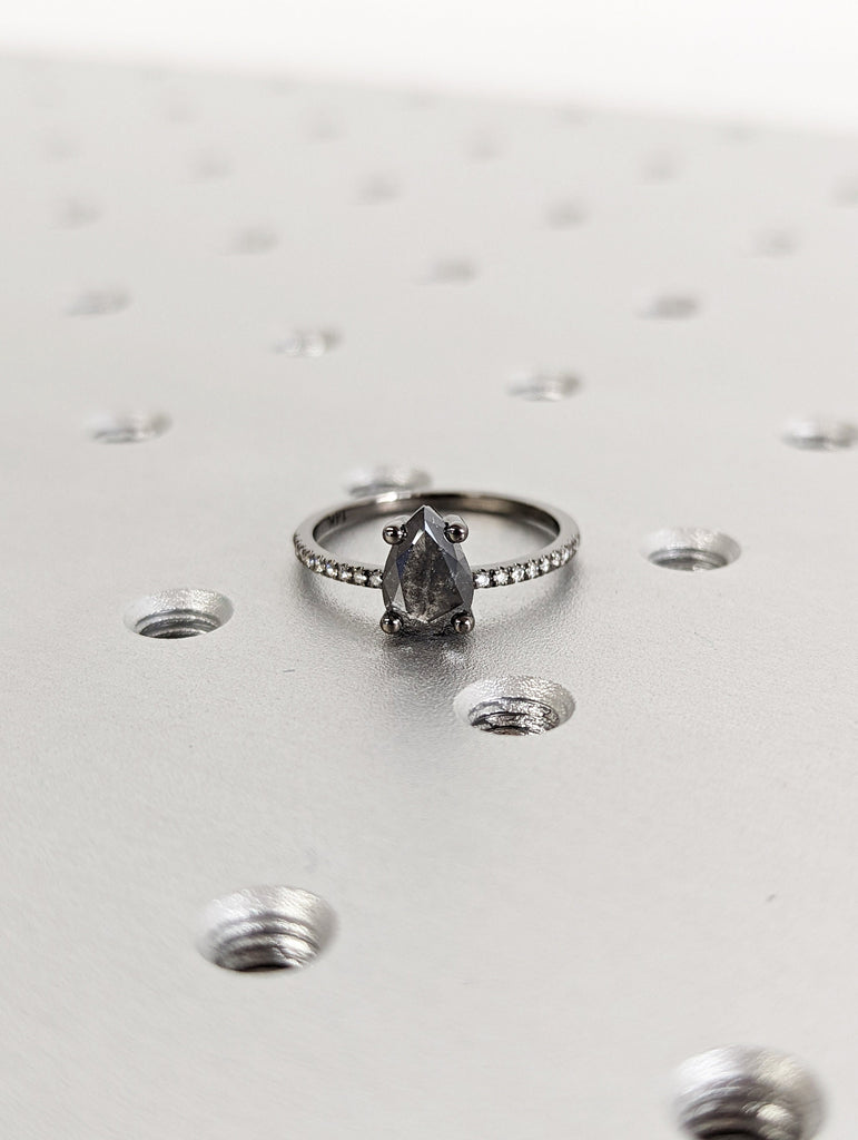 1920's Raw Salt and Pepper Diamond, Pear Diamond Ring, Unique Engagement Bridal Set, Black, Gray Pear, 14k Yellow, Rose, or White Gold