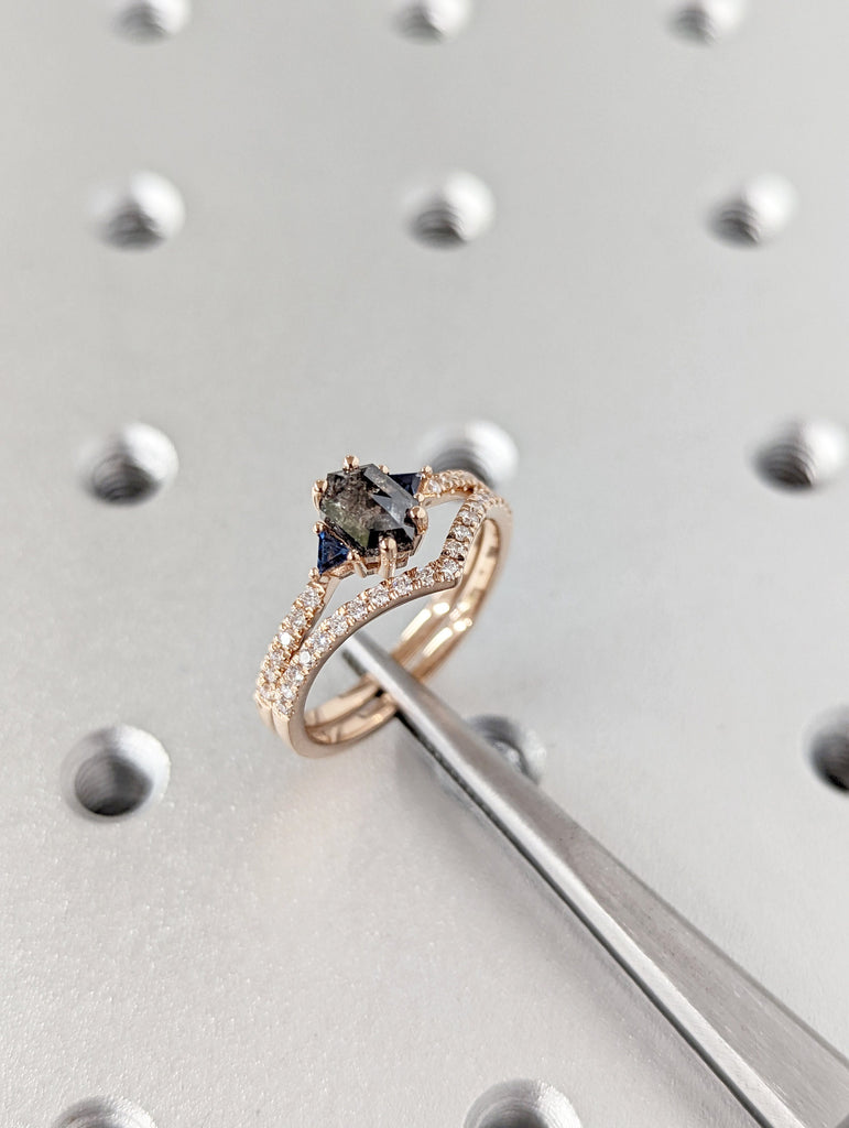 Raw Diamond Hexagon Triangle Sapphire, Salt and Pepper, Unique Engagement Ring, Rose Cut Geometric Diamond Ring, 14k Gold, Custom Handmade