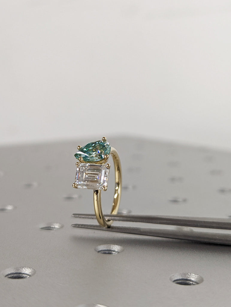 Pear And Emerald Cut Toi Et Moi Moissanite Ring / Green Pear Moissanite Engagement Ring / Yellow Gold Anniversary Ring / Two Stone Ring