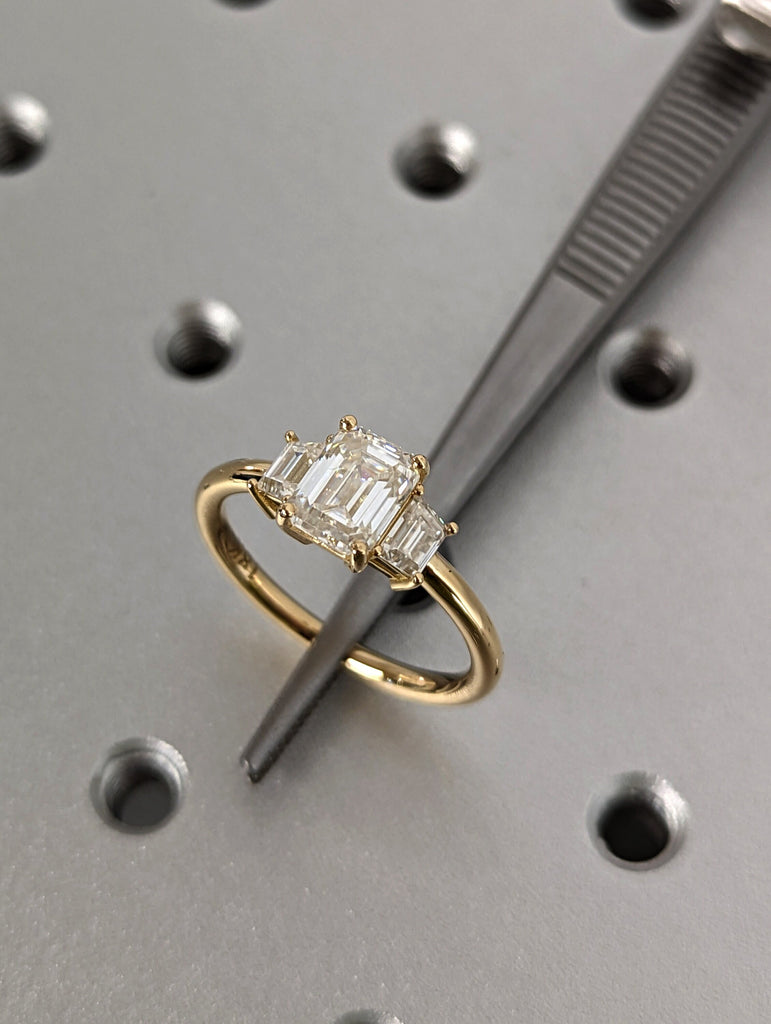 Three Stone Emerald Cut Moissanite Engagement Ring, Side Trapezoid Moissanite, Three Stone Engagement Ring, Emerald Cut and trapezoid Cut