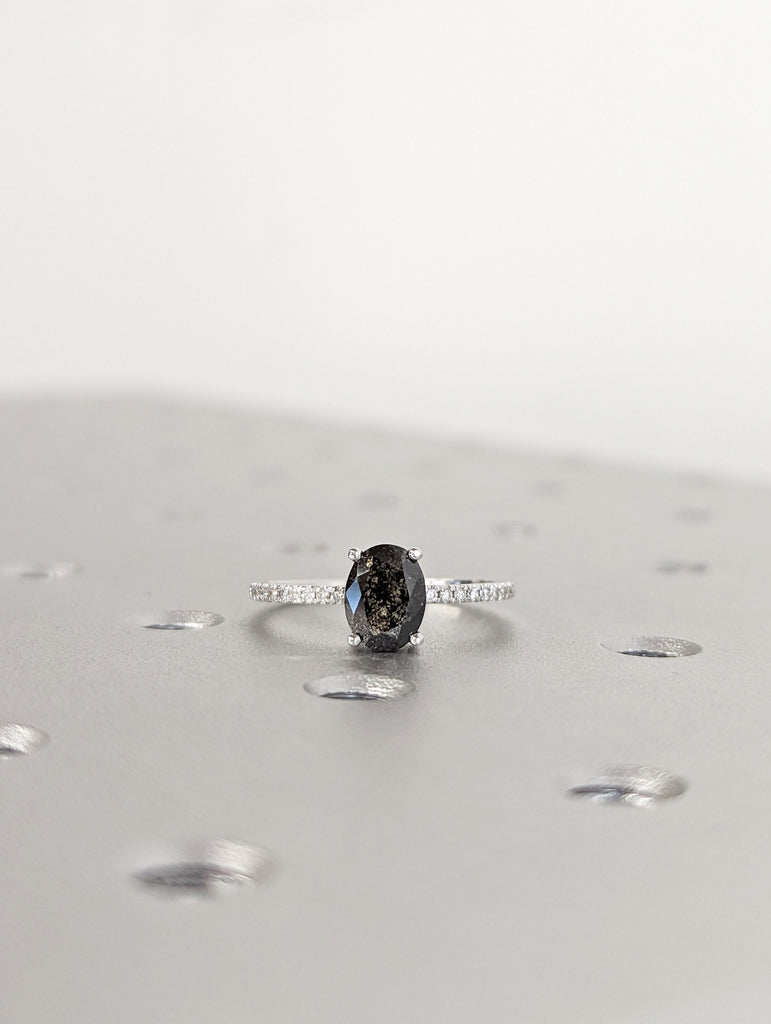 1920's Raw Salt and Pepper Diamond, Oval Diamond Ring, Unique Engagement Bridal Set, Black, Gray Oval, 14k Yellow, Rose, or White Gold