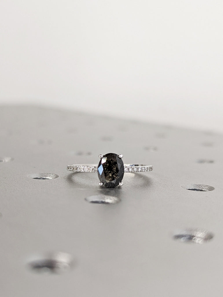 1920's Raw Salt and Pepper Diamond, Oval Diamond Ring, Unique Engagement Bridal Set, Black, Gray Oval, 14k Yellow, Rose, or White Gold