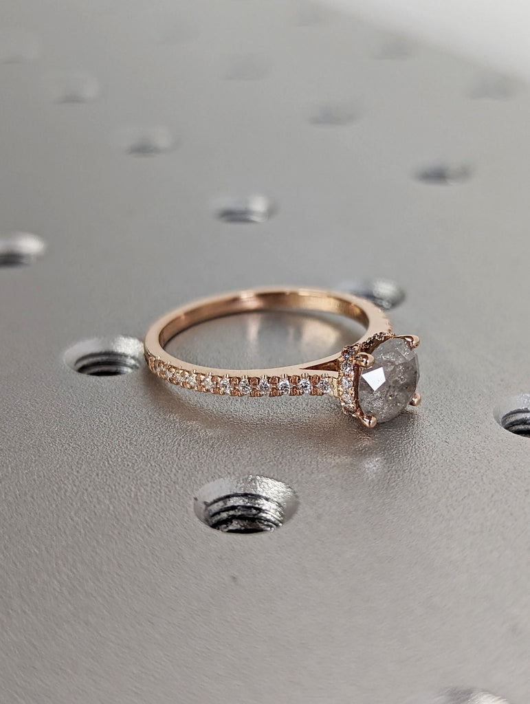 Salt and pepper engagement ring round cut vintage engagement ring prong set ring diamond ring rose gold anniversary ring