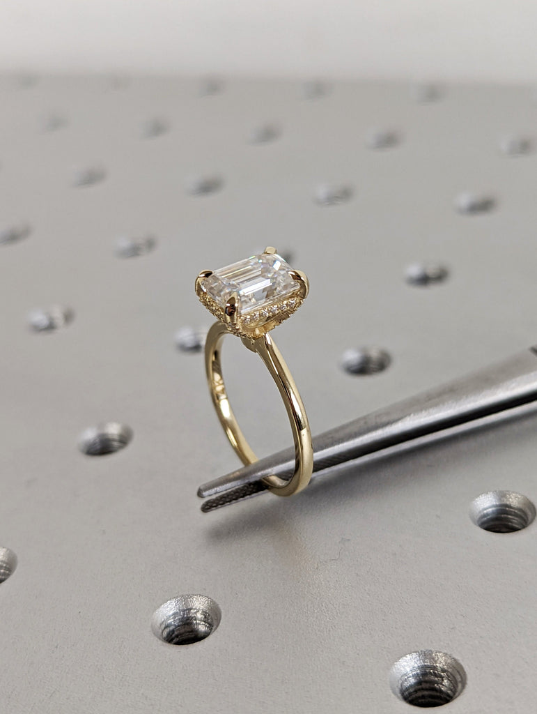 Hidden Halo Emerald Cut Solitaire Engagement Ring, Emerald Cut Engagement Ring, Emerald Cut Ring, 2.5Ct Solid 14k Moissanite Engagement Ring