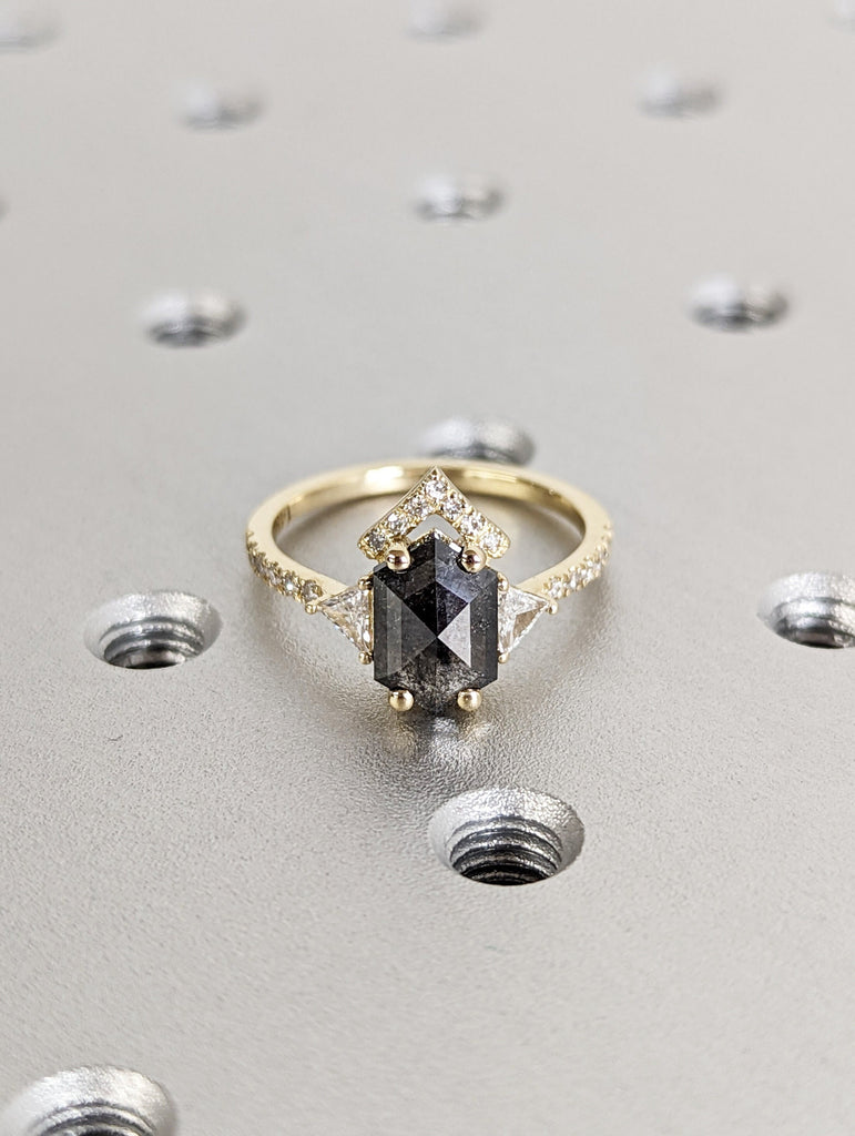 Raw Diamond Hexagon Triangle Diamond, Salt and Pepper, Unique Engagement Ring, Rose Cut Geometric Diamond Ring, 14k Gold, Custom Handmade