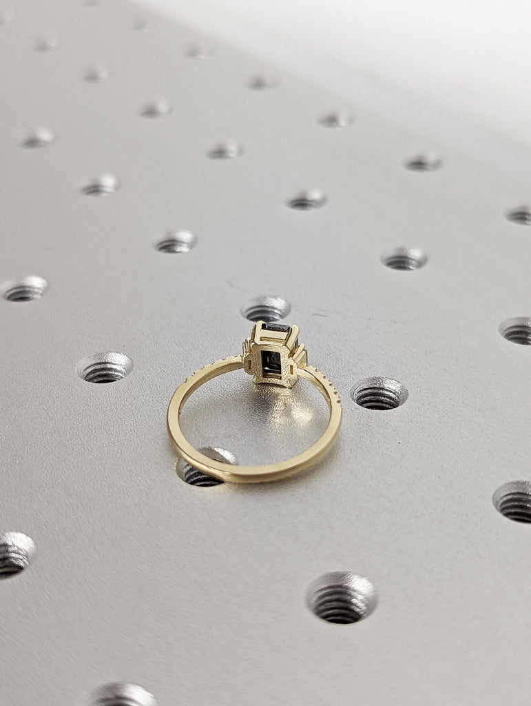 Raw Diamond Emerald Baguette Diamond, Salt and Pepper, Unique Engagement Ring, Rose Cut Geometric Diamond Ring, 14k Gold, Custom Handmade