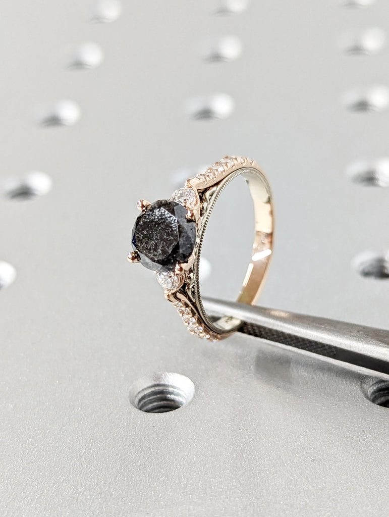 Salt and pepper engagement ring round cut vintage engagement ring prong set ring diamond ring two tone anniversary ring rose & white gold