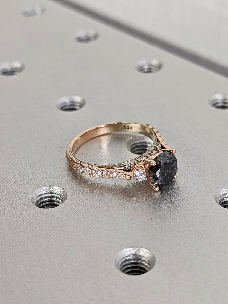 Salt and pepper engagement ring round cut vintage engagement ring prong set ring diamond ring two tone anniversary ring rose & white gold