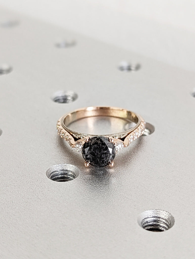 Salt and pepper engagement ring round cut vintage engagement ring prong set ring diamond ring two tone anniversary ring rose & white gold