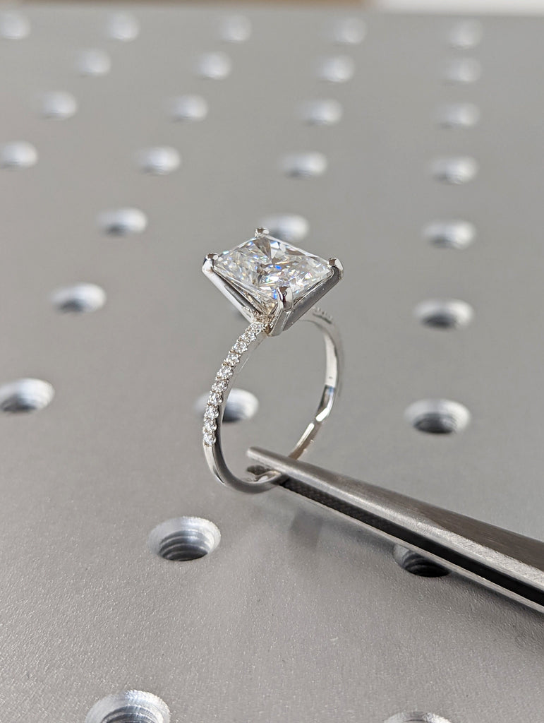 Radiant cut moissanite diamond engagement ring Unique 18k white gold engagement ring solitaire moissanite Bridal ring Anniversary ring gift